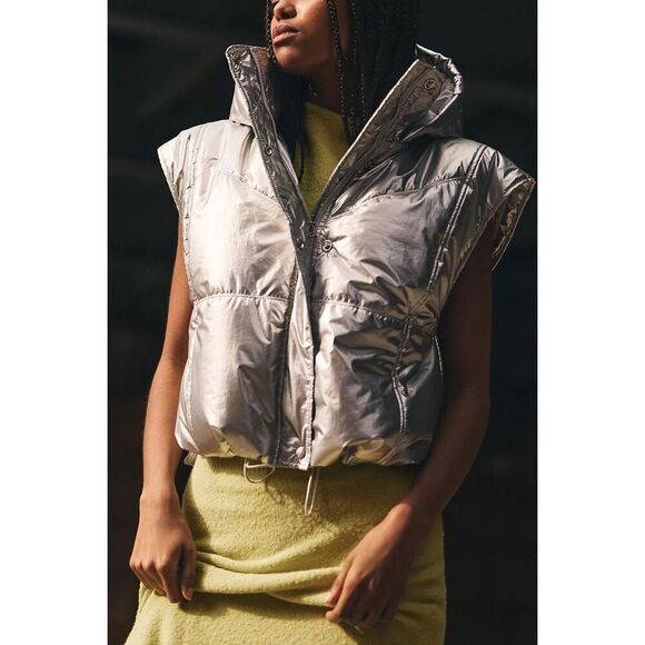 Daily Practice by Anthropologie Metallic Puffer Vest Silver Size S - Picture 1 of 12